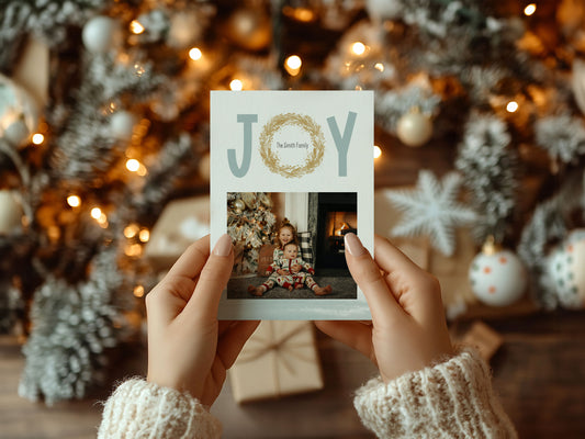 Photo Joy Watercolor Wreath Name Christmas Card Design